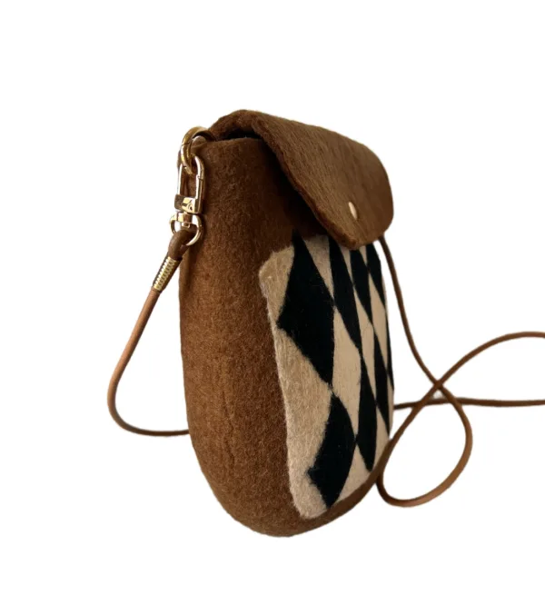 Grid Brown Handmade Wool Felt Crossbody Bag - Image 2