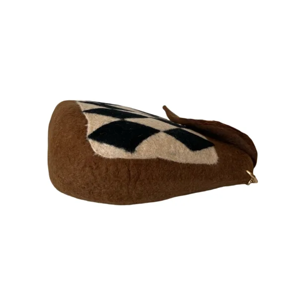 Grid Brown Handmade Wool Felt Crossbody Bag - Image 3