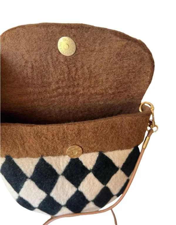 Grid Brown Handmade Wool Felt Crossbody Bag - Image 4