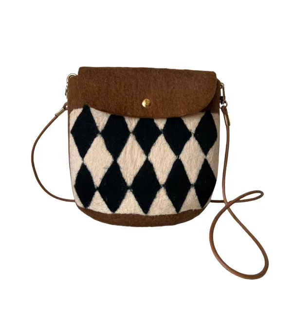 Grid Brown Handmade Wool Felt Crossbody Bag