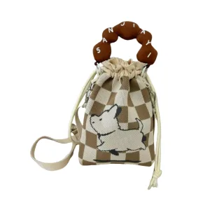 dog design small drawstring bucket bag for girls