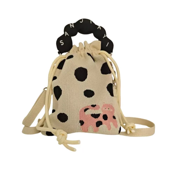 Spotted Cat Cartoon 3 Colors Drawstring Bucket Bag For Girls - Image 4