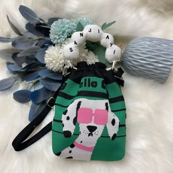 Doggy Cartoon Green Drawstring Bucket Bag For Girls - Image 2