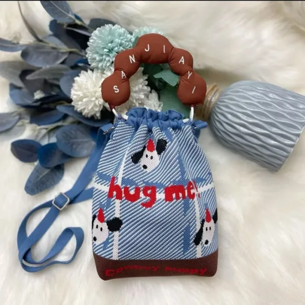 Doggy Cartoon Blue Drawstring Bucket Bag For Girls - Image 2