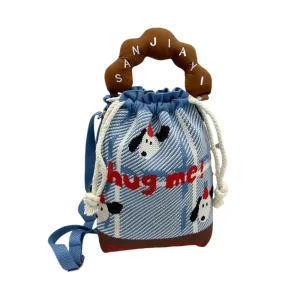 dog design small drawstring bucket bag for girls