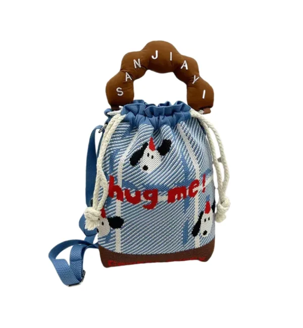 dog design small drawstring bucket bag for girls