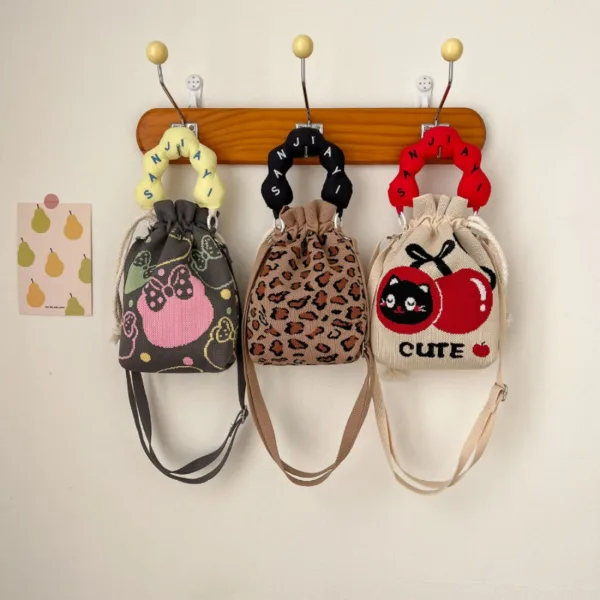 Tiger/Cherry/Ribbon Small Drawstring Bucket Bag For Girls - Image 2