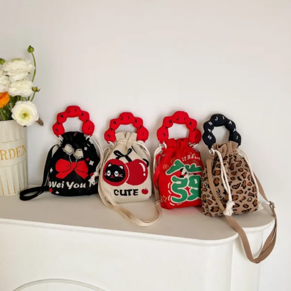 Tiger/Cherry/Ribbon Small Drawstring Bucket Bag For Girls - Image 4