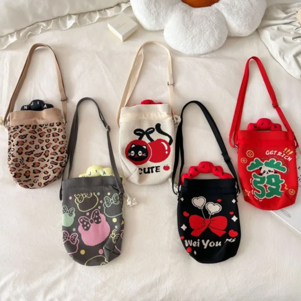 Tiger/Cherry/Ribbon Small Drawstring Bucket Bag For Girls - Image 6