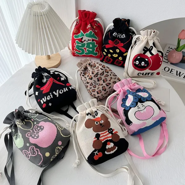 Tiger/Cherry/Ribbon Small Drawstring Bucket Bag For Girls - Image 5