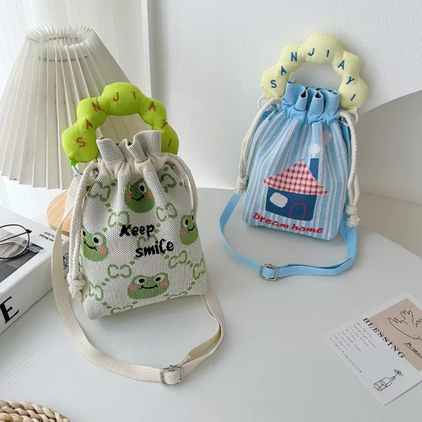 Frog Cream Drawstring Bucket Bag For Kids - Image 4