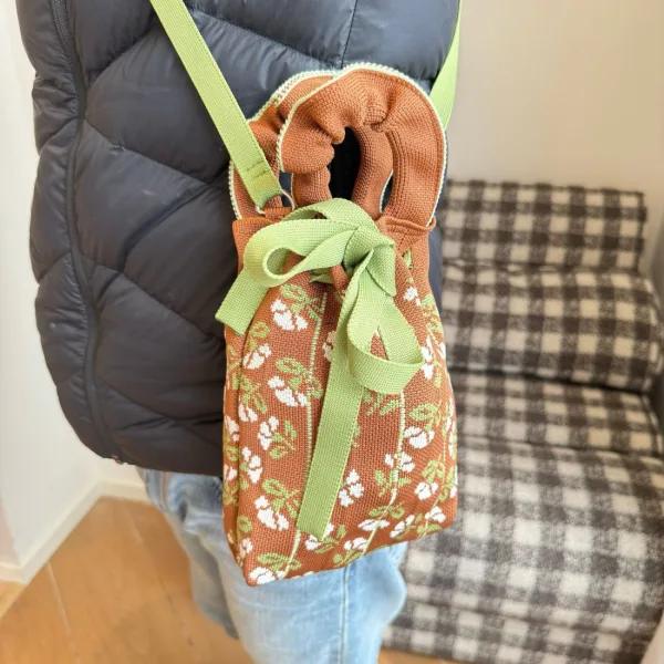 Small Floral Brown Mini Drawstring Phone Bag For Women - Image 3