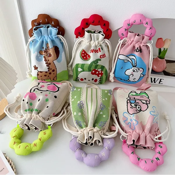 Small cartoon drawstring bucket bag for kids and girls