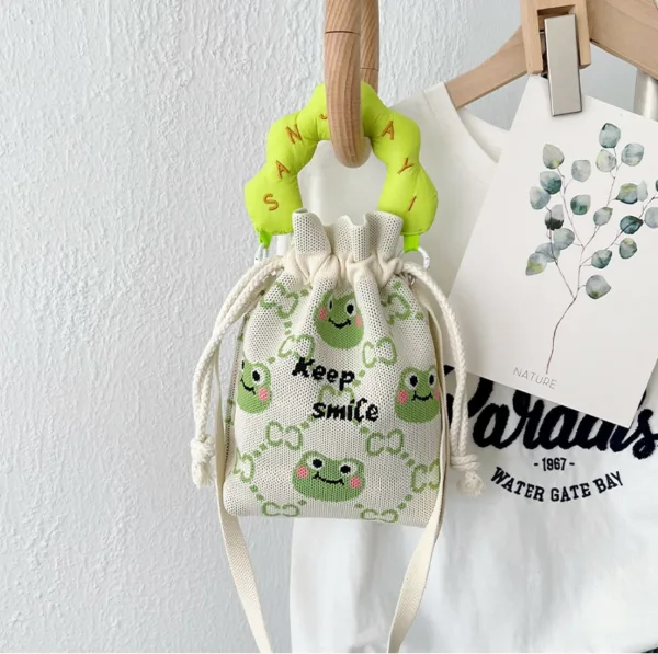 Frog Cream Drawstring Bucket Bag For Kids - Image 2