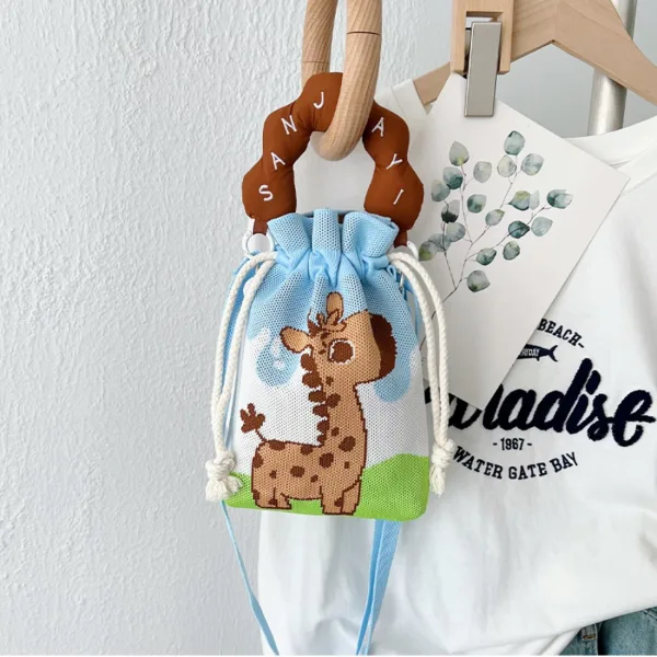Giraffe Blue Small Drawstring Bucket Bag For Kids - Image 2