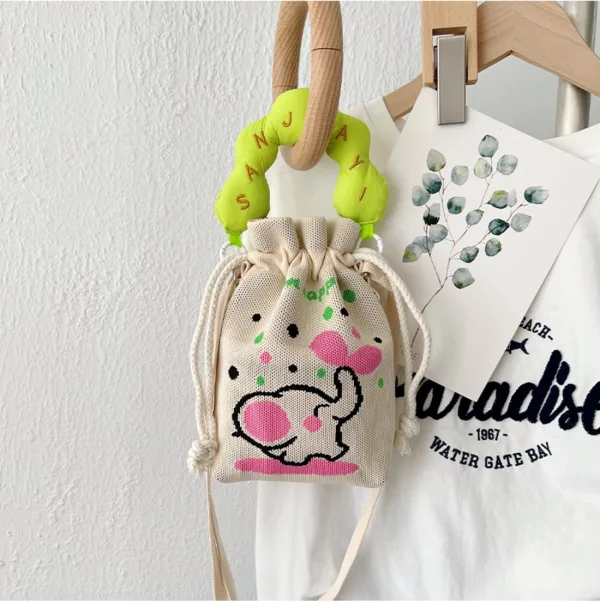 Elephant Cream Small Drawstring Bucket Bag For Kids - Image 2