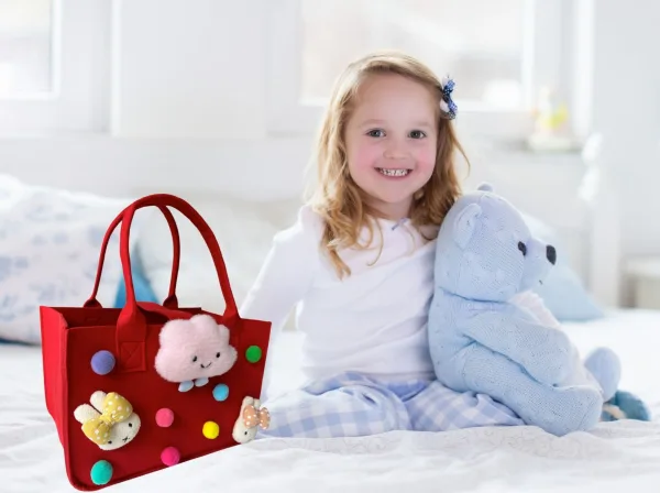 Bunny And Colorful Pompoms Cartoon Felt Tote For Girls Gift Bag For Kids Age 4-12 - Image 6