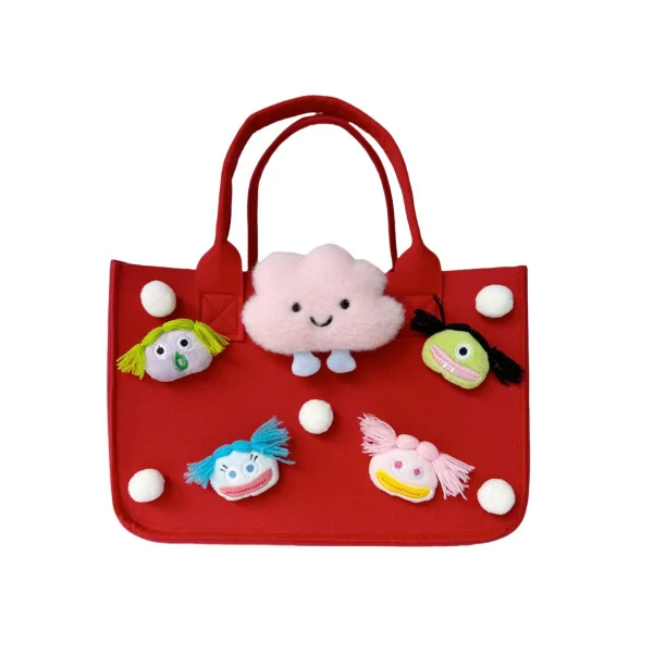 Quirky Cute Dolls Grocery Felt Tote For Girls Gift Bag For Kids Age 4-12
