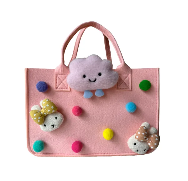 Bunny And Colorful Pompoms Cartoon Felt Tote For Girls Gift Bag For Kids Age 4-12