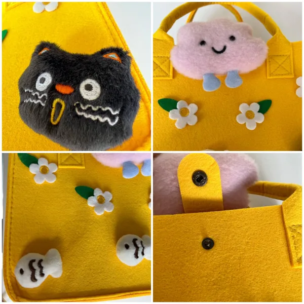 Black Kitty And Floral Cartoon Felt Tote For Girls Gift Bag For Kids Age 4-12 - Image 5