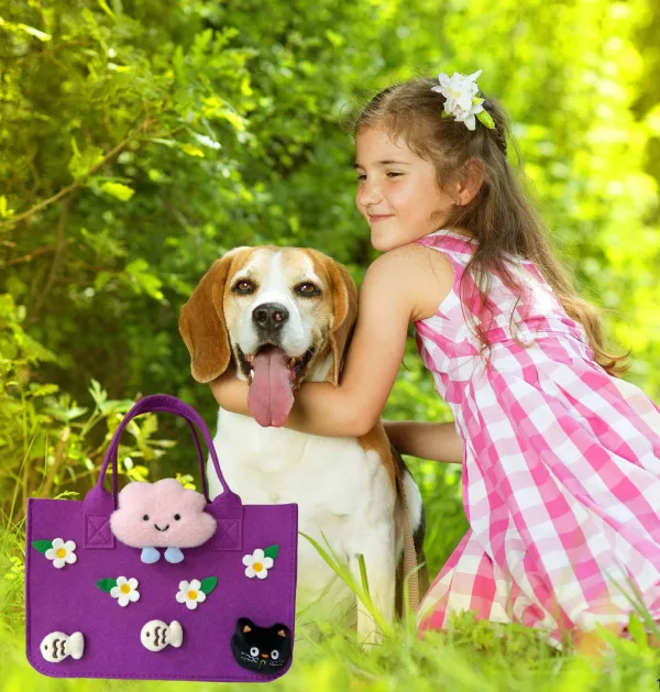 Black Kitty And Floral Cartoon Felt Tote For Girls Gift Bag For Kids Age 4-12 - Image 6