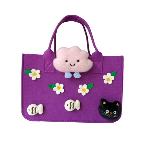 Black Kitty And Floral Cartoon Felt Tote For Girls Gift Bag For Kids Age 4-12