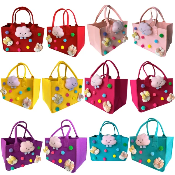 Bunny And Colorful Pompoms Cartoon Felt Tote For Girls Gift Bag For Kids Age 4-12 - Image 4