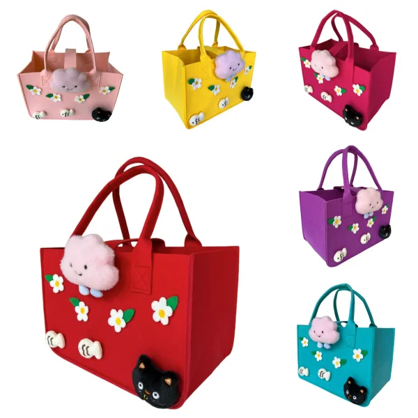 Black Kitty And Floral Cartoon Felt Tote For Girls Gift Bag For Kids Age 4-12 - Image 3