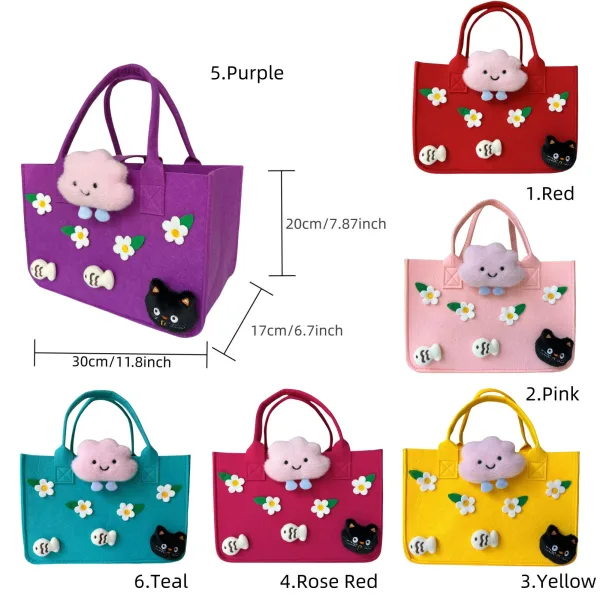 Black Kitty And Floral Cartoon Felt Tote For Girls Gift Bag For Kids Age 4-12 - Image 2