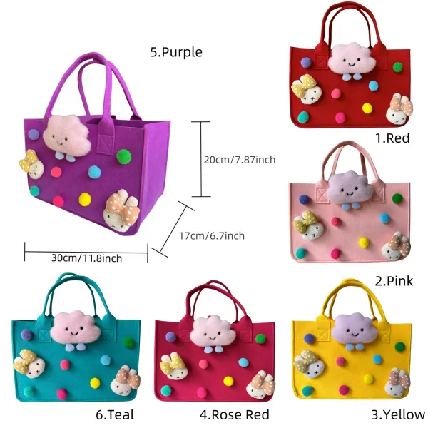 Bunny And Colorful Pompoms Cartoon Felt Tote For Girls Gift Bag For Kids Age 4-12 - Image 3