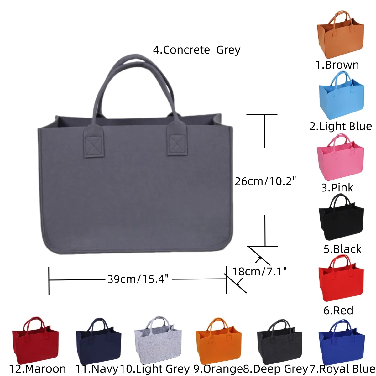 12Colors Plain Unisex Wide Base Large Felt Tote - Image 2